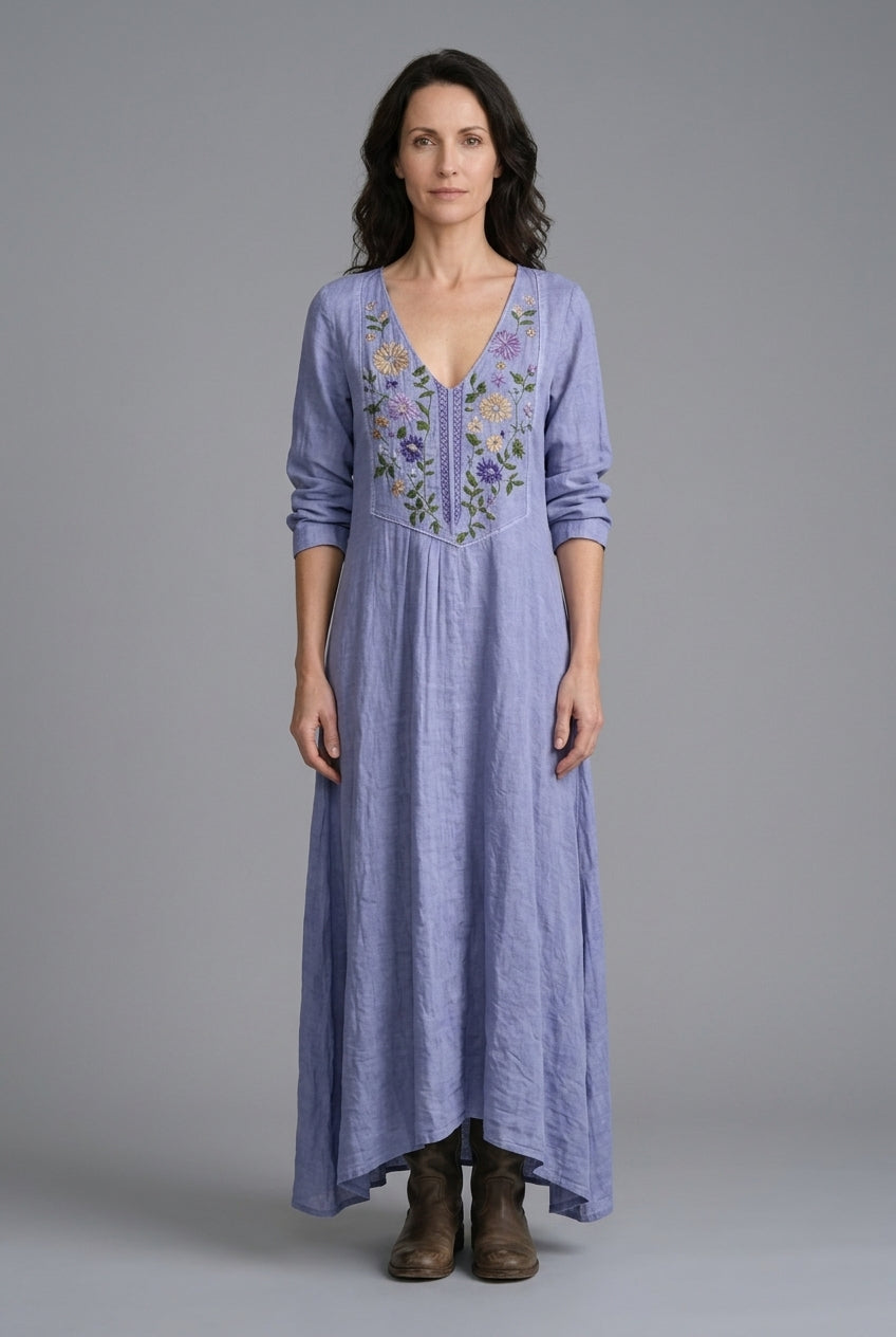 Vintage Long Sleeve Dress for Women, Cotton Blend V-Neck Relaxed Fit Flowing, for Casual, Spring, Summer & Everyday Wear
