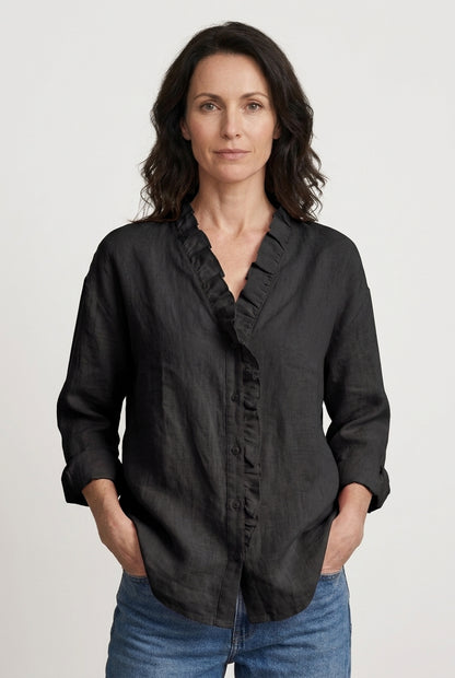 Lightweight V-Neck Blouse for Women, Ruffled Long-Sleeve Relaxed Fit, for Office, Casual & Everyday Wear