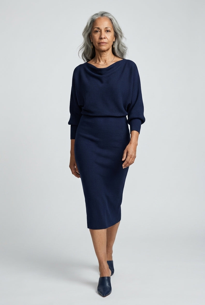 Ernestine | Draped Round Neck Midi Dress