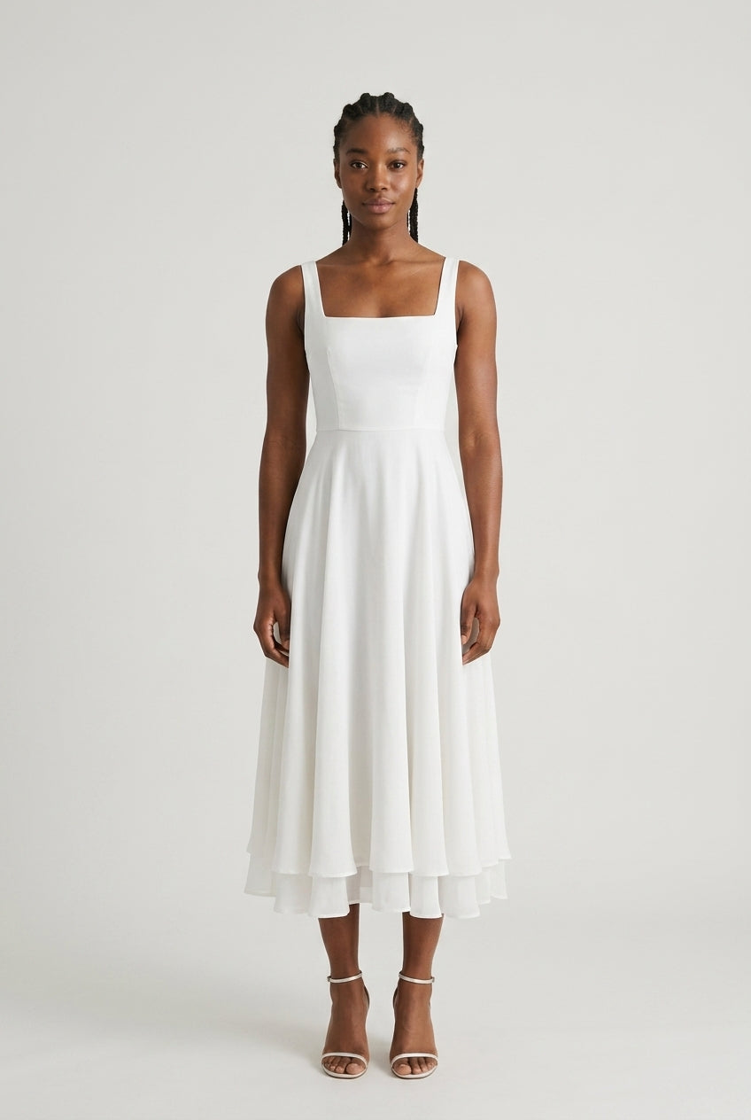Elegant Sleeveless Square Midi Dress for Women, Tailored Bodice Flowing Skirt, for Weddings, Formal Events, Brunch & Spe