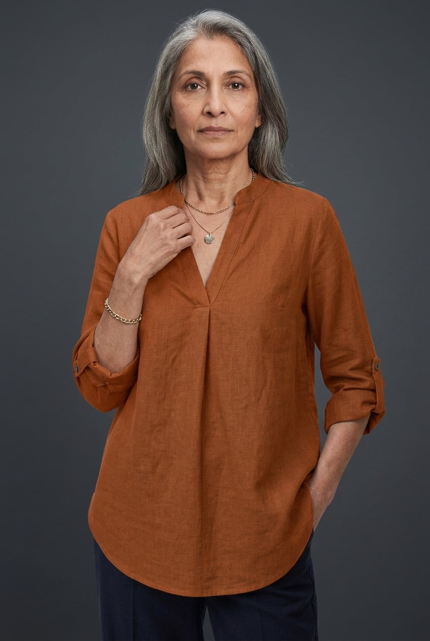 Classic V-Neck Long Sleeve Shirt for Women, Relaxed Tailored Fit Everyday Essential, for Work, Office, Casual & Layering