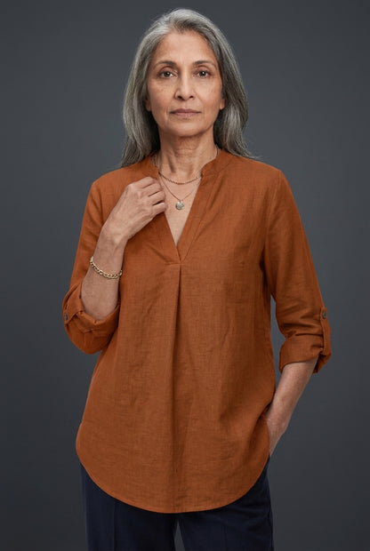 Classic V-Neck Long Sleeve Shirt for Women, Relaxed Tailored Fit Everyday Essential, for Work, Office, Casual & Layering