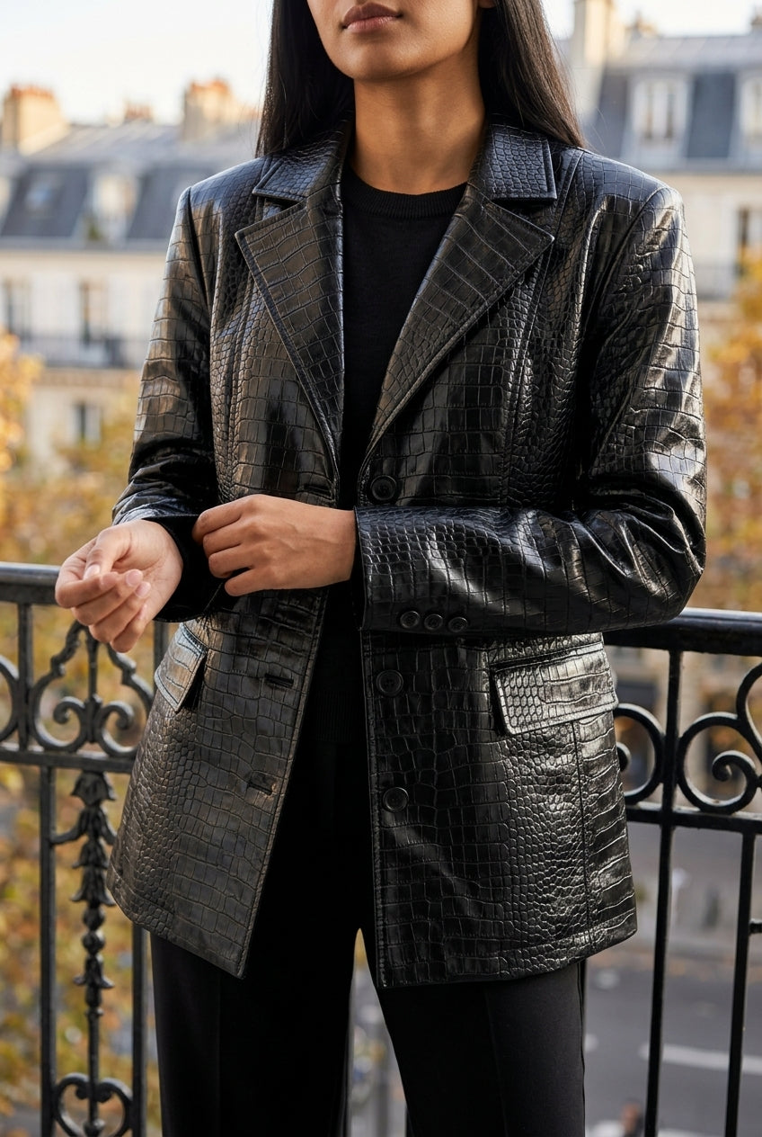 Fina | Croc Embossed Faux Leather Jacket