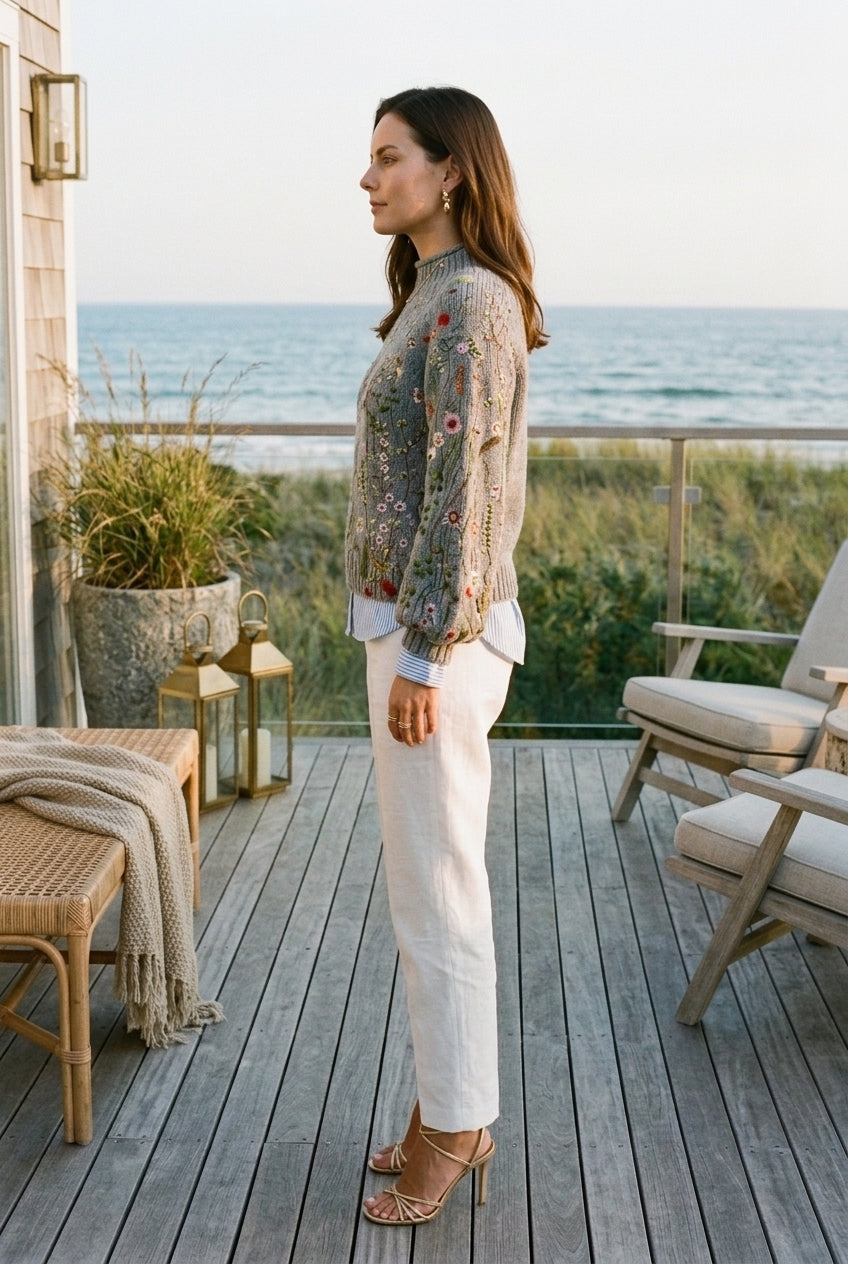 Vionnet Liora | Floral Embroidered Ribbed Knit Sweater