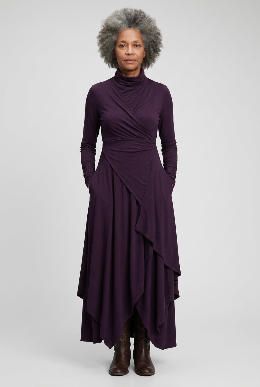 Elegant High Neck Maxi Dress for Women, Flowing Layered Long-Sleeve, for Formal Events, Wedding Guest & Everyday Wear