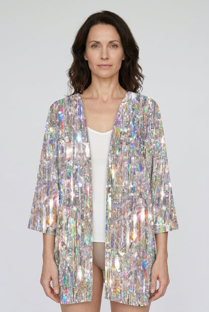 Women's Shimmer Sequin 3/4 Sleeve Open Front Cardigan
