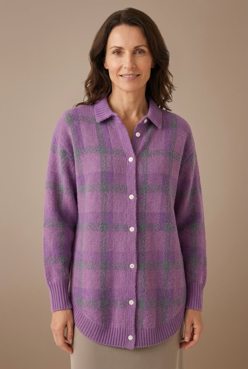 Elegant Checkered Cardigan for Women, Longline Button-Front Cozy Relaxed Fit, for Work, Casual, Everyday & Layering
