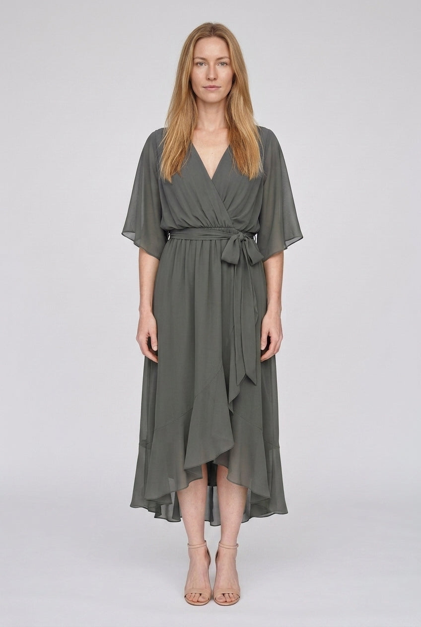 Elegant V-Neck Flowy Sleeve Dress for Women, Layered Textured Fringe Design, for Special Occasions, Dinners & Evening We