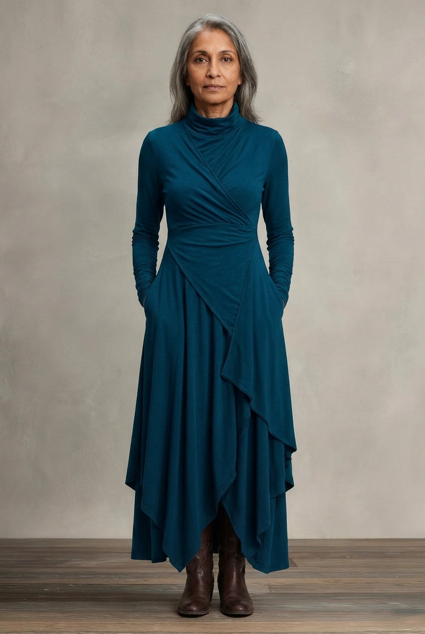 Elegant High Neck Maxi Dress for Women, Flowing Layered Long-Sleeve, for Formal Events, Wedding Guest & Everyday Wear