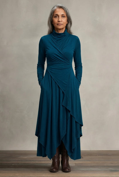 Elegant High Neck Maxi Dress for Women, Flowing Layered Long-Sleeve, for Formal Events, Wedding Guest & Everyday Wear