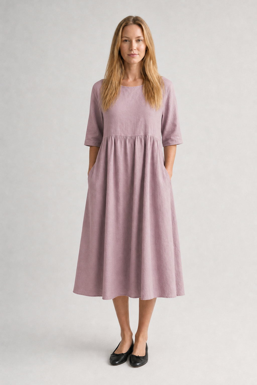 Nola | Women's Linen Gathered Waist Half-Sleeve Midi Dress