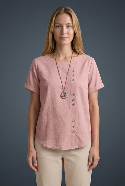 Casual Short Sleeve Cotton Blouse for Women, Loose Fit Round Neck with Side Buttons, for Summer, Everyday Wear & Vacatio