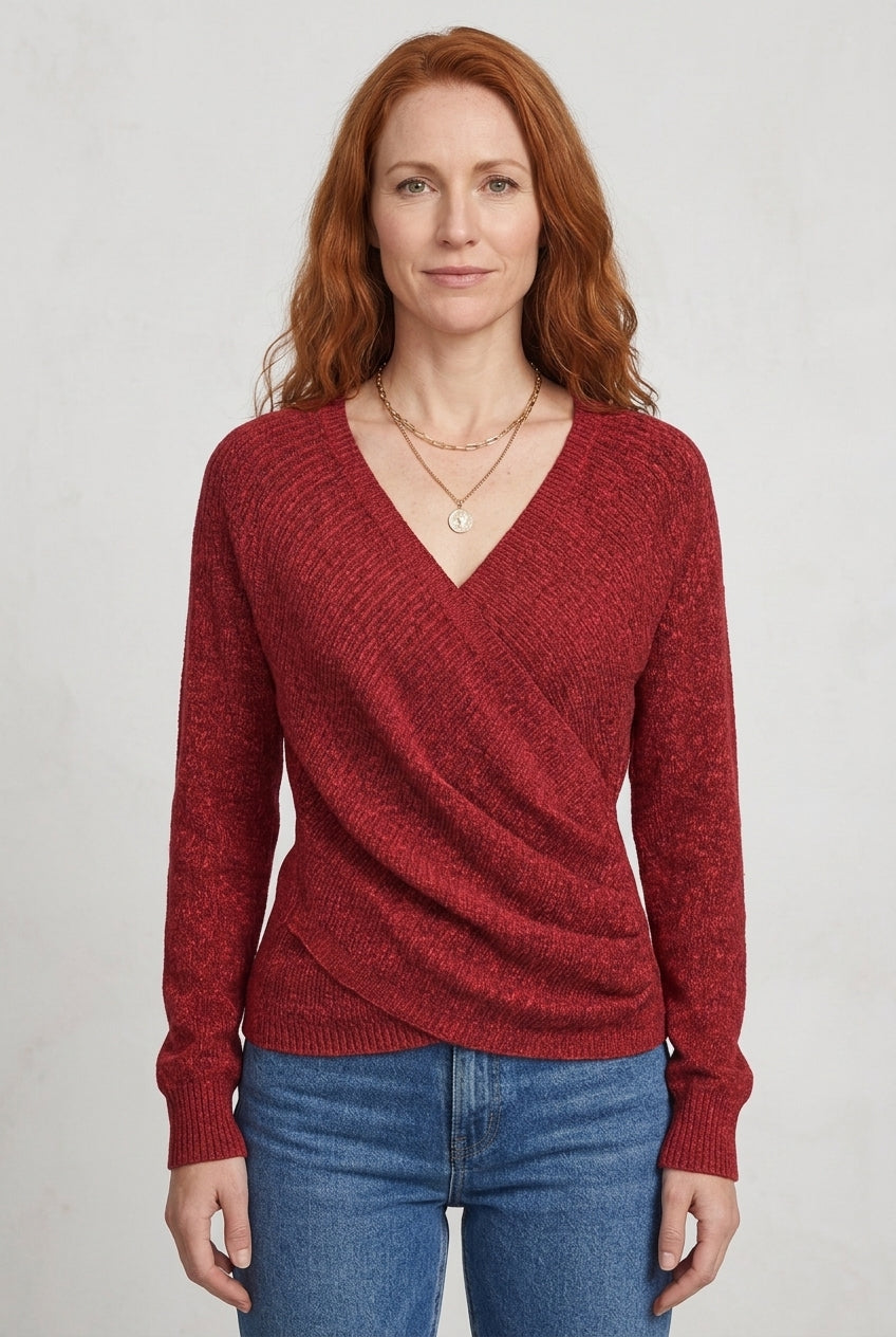 Flattering Wrap Sweater for Women, V-Neck Long Sleeve Draped Crossover Front, for Office, Brunch, Layering & Everyday We