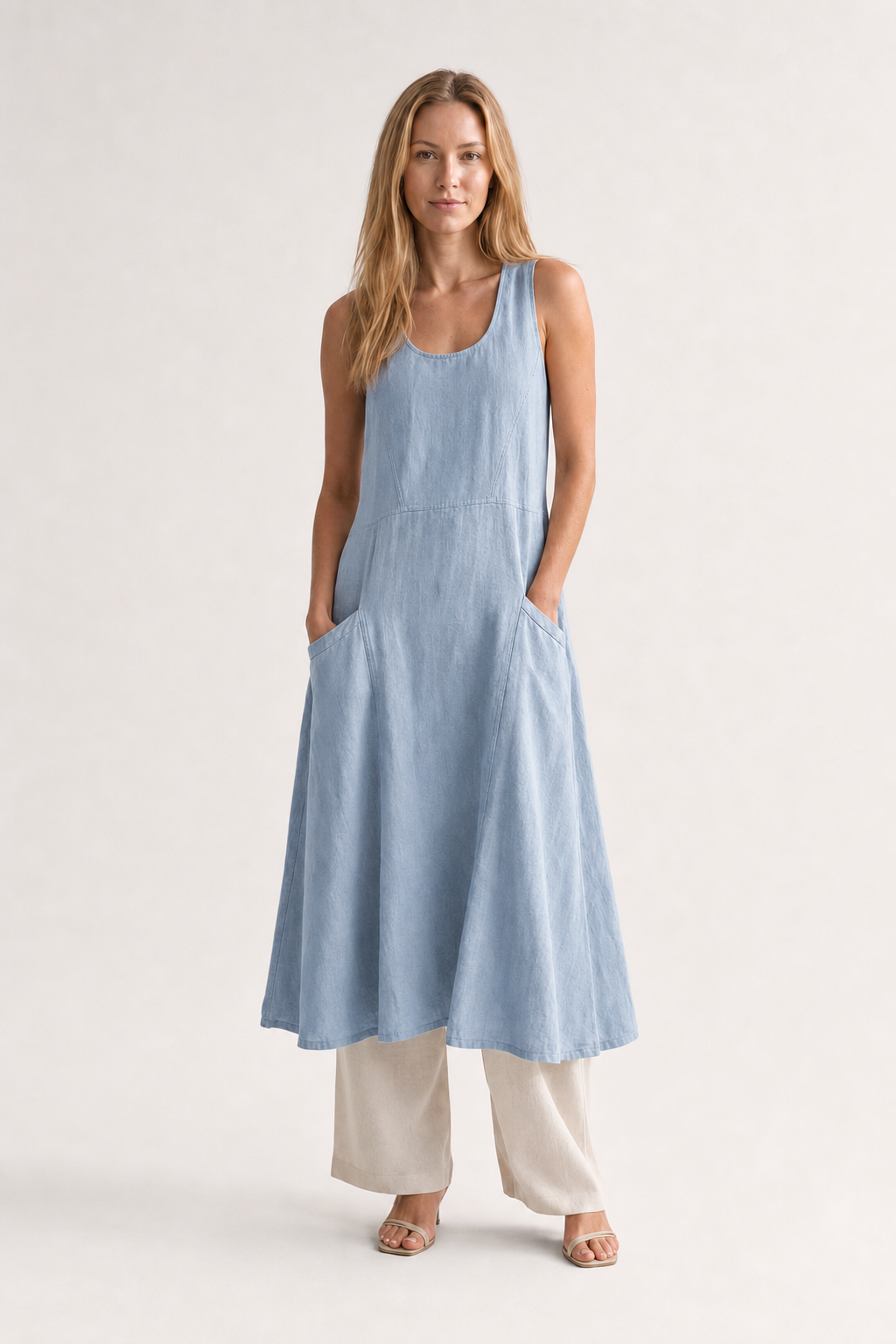 Elia | Women's Linen Sleeveless Pocket Scoop-Neck Midi Dress