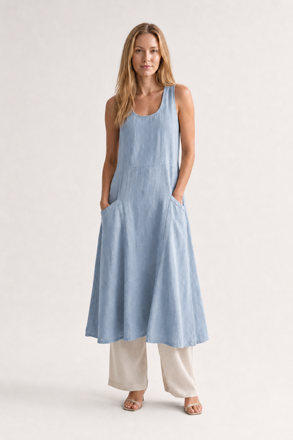 Elia | Women's Linen Sleeveless Pocket Scoop-Neck Midi Dress