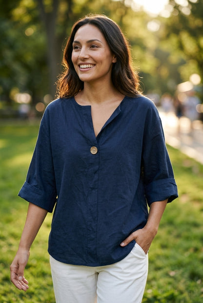 Relaxed Cotton Blouse for Women, 3/4 Sleeve V-Neck Single Button, for Summer, Casual & Everyday Wear