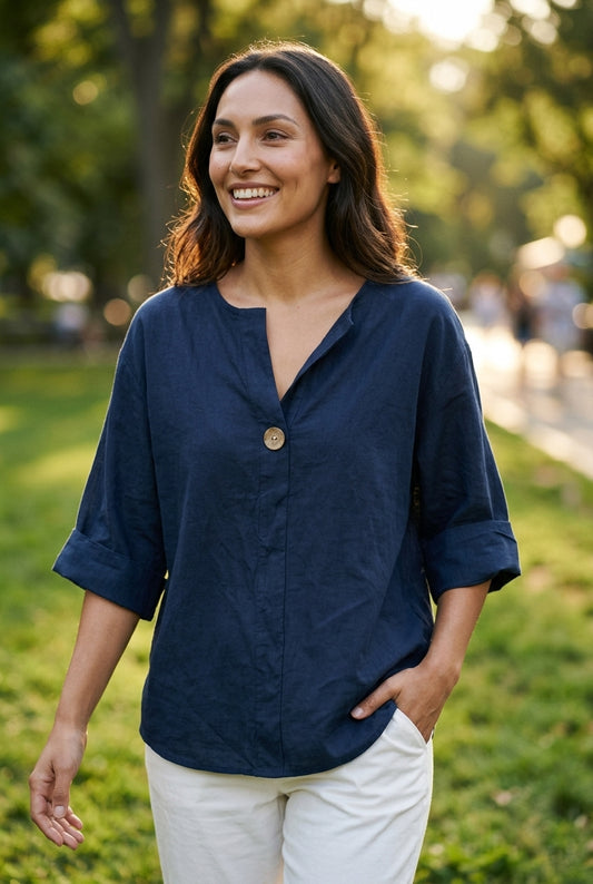 Relaxed Cotton Blouse for Women, 3/4 Sleeve V-Neck Single Button, for Summer, Casual & Everyday Wear