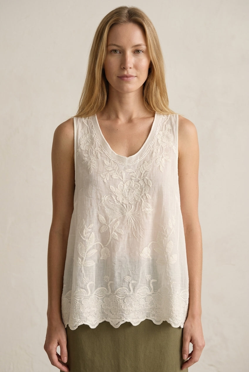 Embroidered Tank Top for Women, Sleeveless Round Neck Polyester Spandex Relaxed Fit Scalloped Hem, for Summer, Casual & 