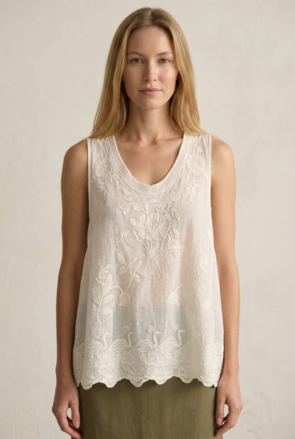 Embroidered Tank Top for Women, Sleeveless Round Neck Polyester Spandex Relaxed Fit Scalloped Hem, for Summer, Casual & 