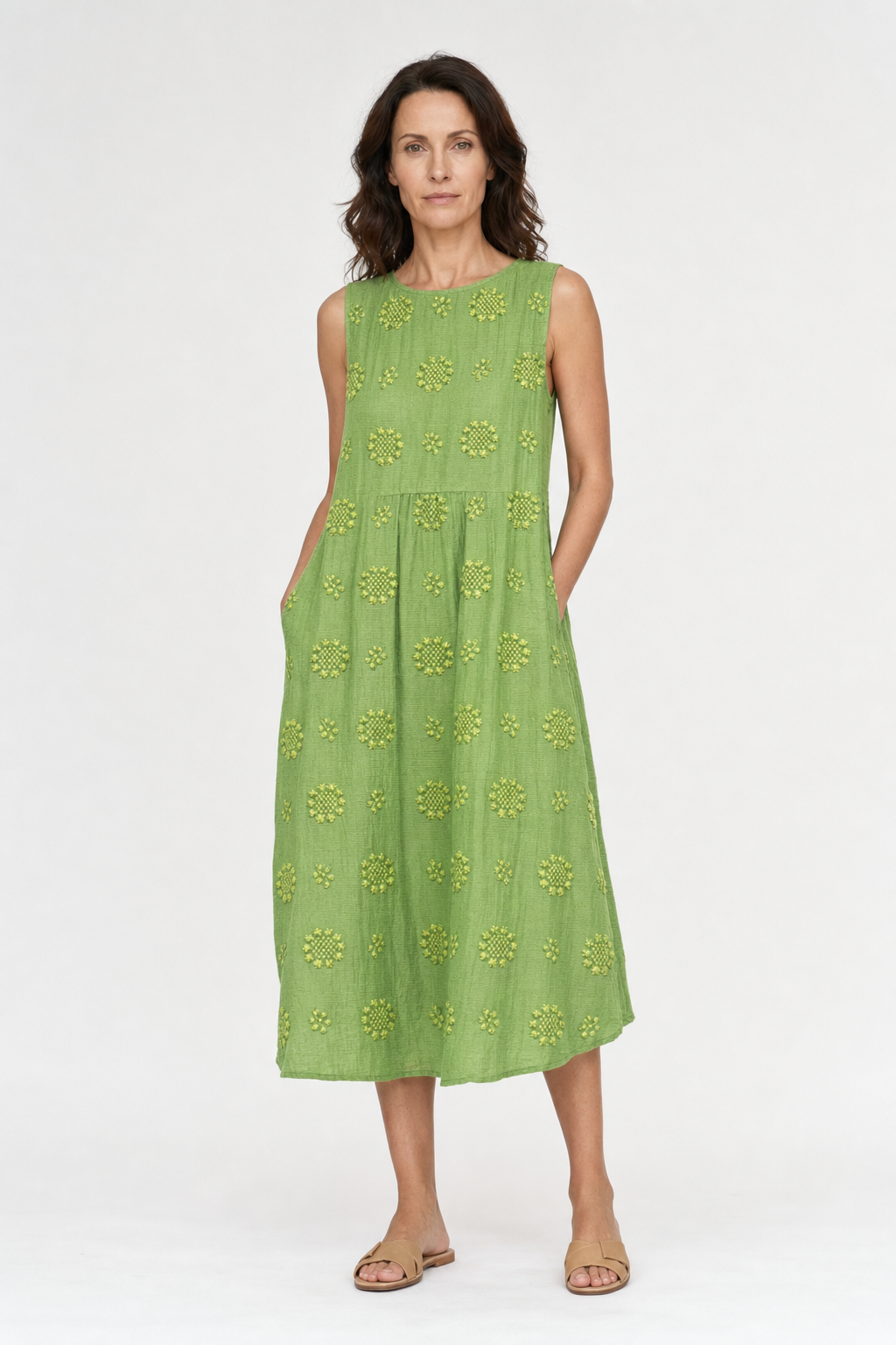 Lena | Women's Cotton Embroidered Sleeveless Midi Dress