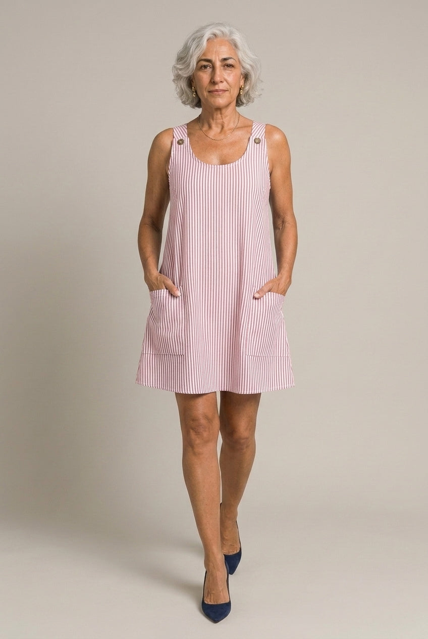 Fabienne Lisette | Striped Button-Strap Mini Dress