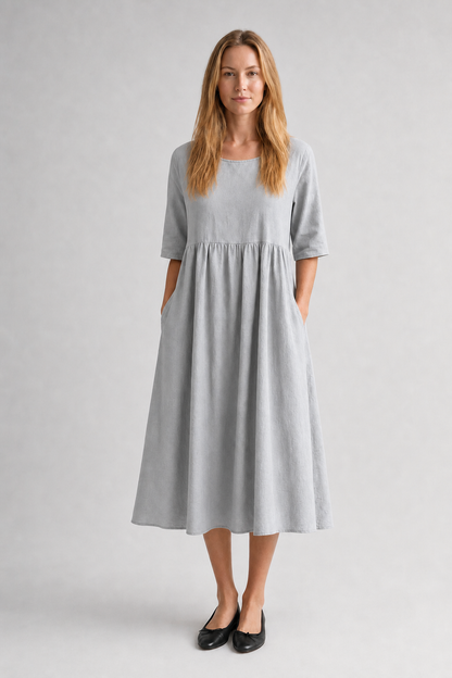 Nola | Women's Linen Gathered Waist Half-Sleeve Midi Dress