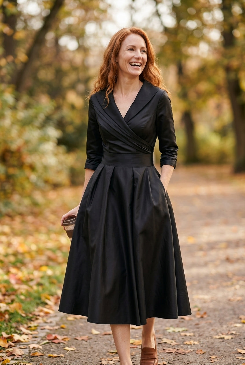 Elegant Midi Dress for Women, Flowing Silhouette with Graceful Drape, for Work, Evening, Brunch & Everyday Wear