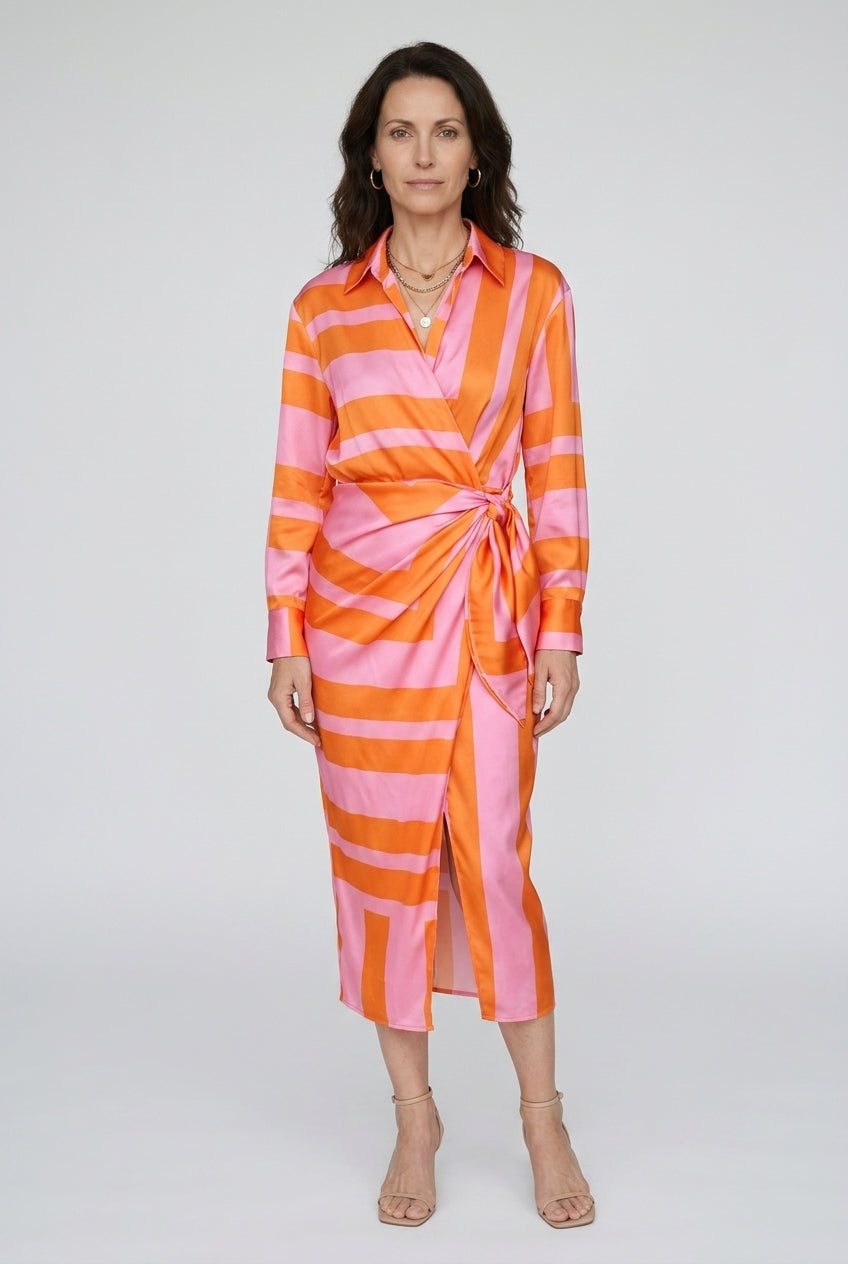 Elegant Striped Midi Dress for Women, Vertical Stripe Relaxed Fit Breathable, for Office, Casual & Everyday Wear
