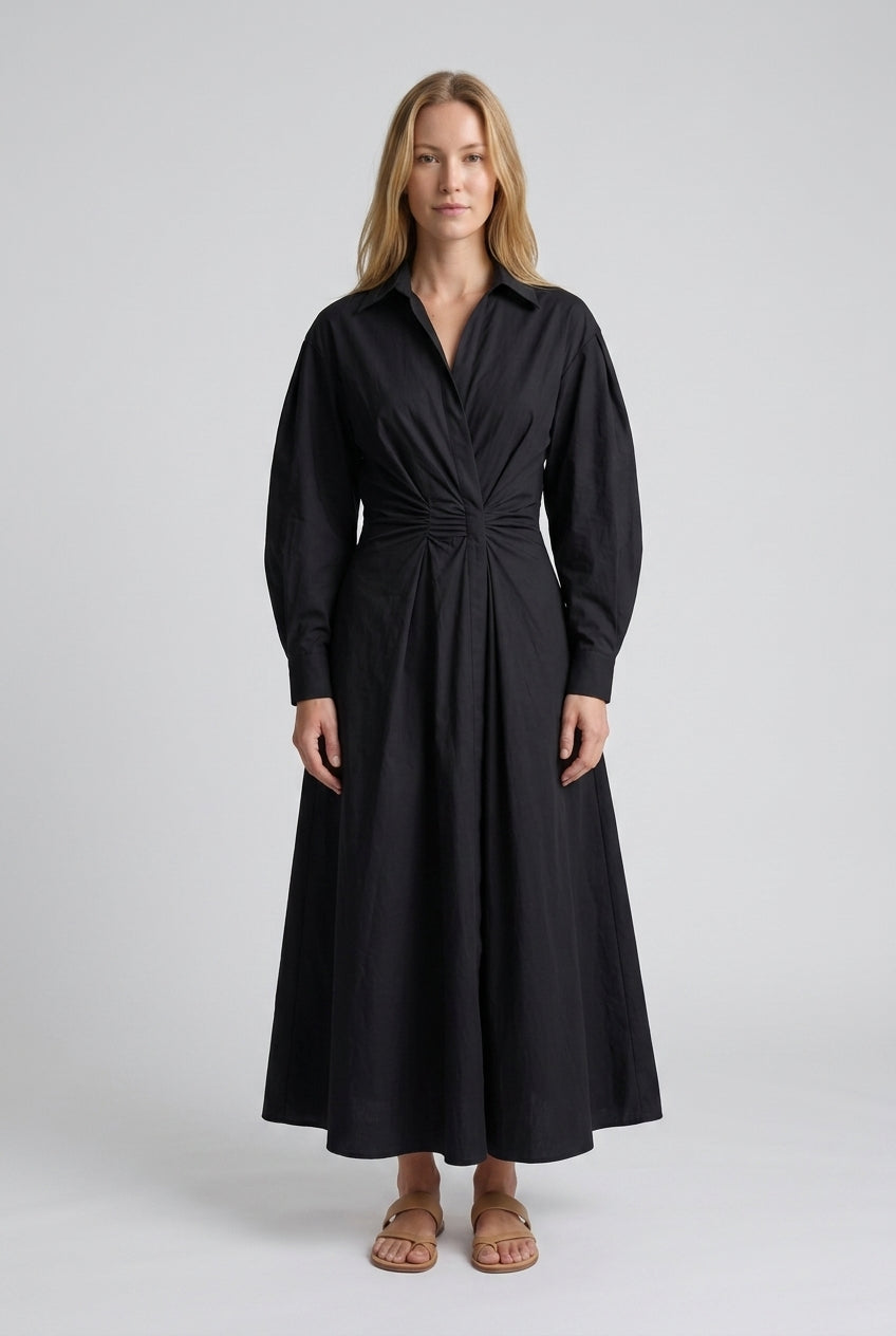 Elegant Front Wrap Collared Maxi Dress for Women, Flowing Long-Sleeve Sophisticated, for Work, Evening, Wedding Guest & 