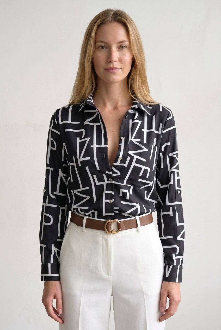 Classic Collared Printed Blouse for Women, Soft Breathable Long-Sleeve, for Work, Office, Casual & Everyday Wear