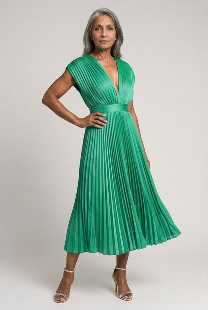 Nicoletta Vera | Pleated Midi Dress with Tie Belt