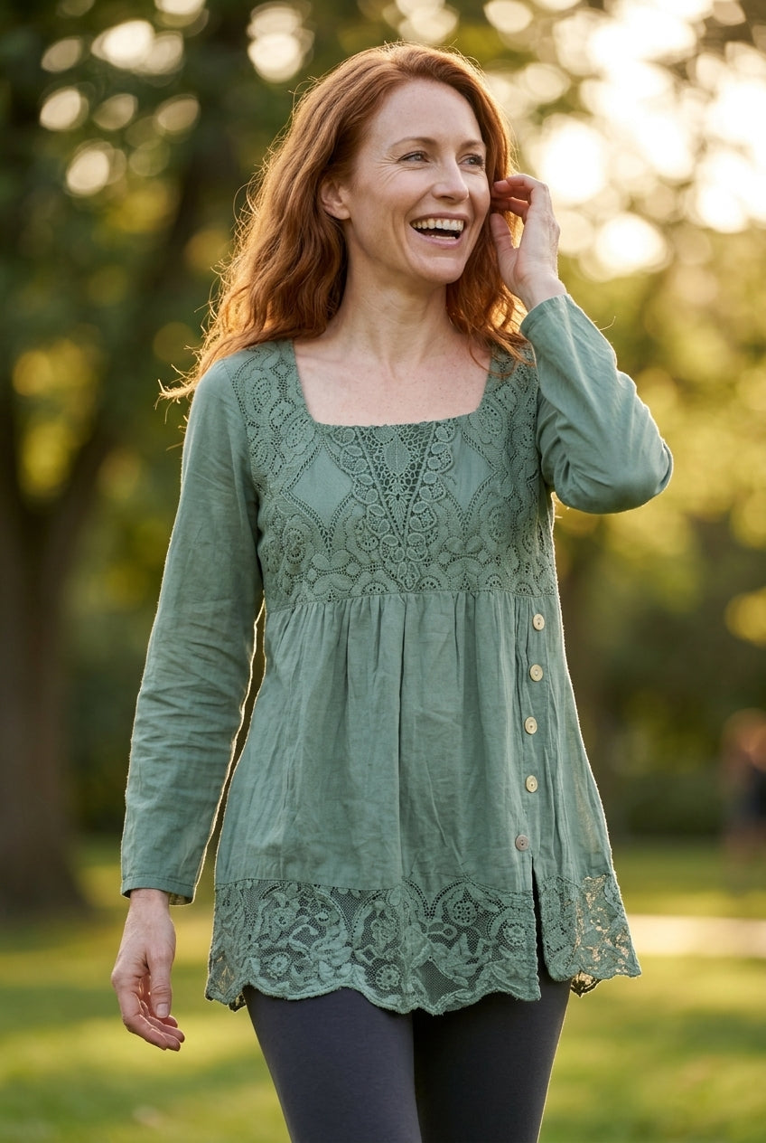 Lace Patchwork Square Neck Tunic Top with Side Buttons for Women