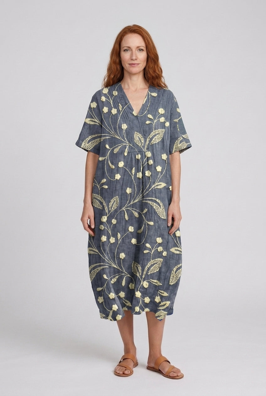 Vibrant Multicolour V-Neck Dress for Women, Lightweight Cotton-Linen Blend, for Summer, Casual & Party Wear