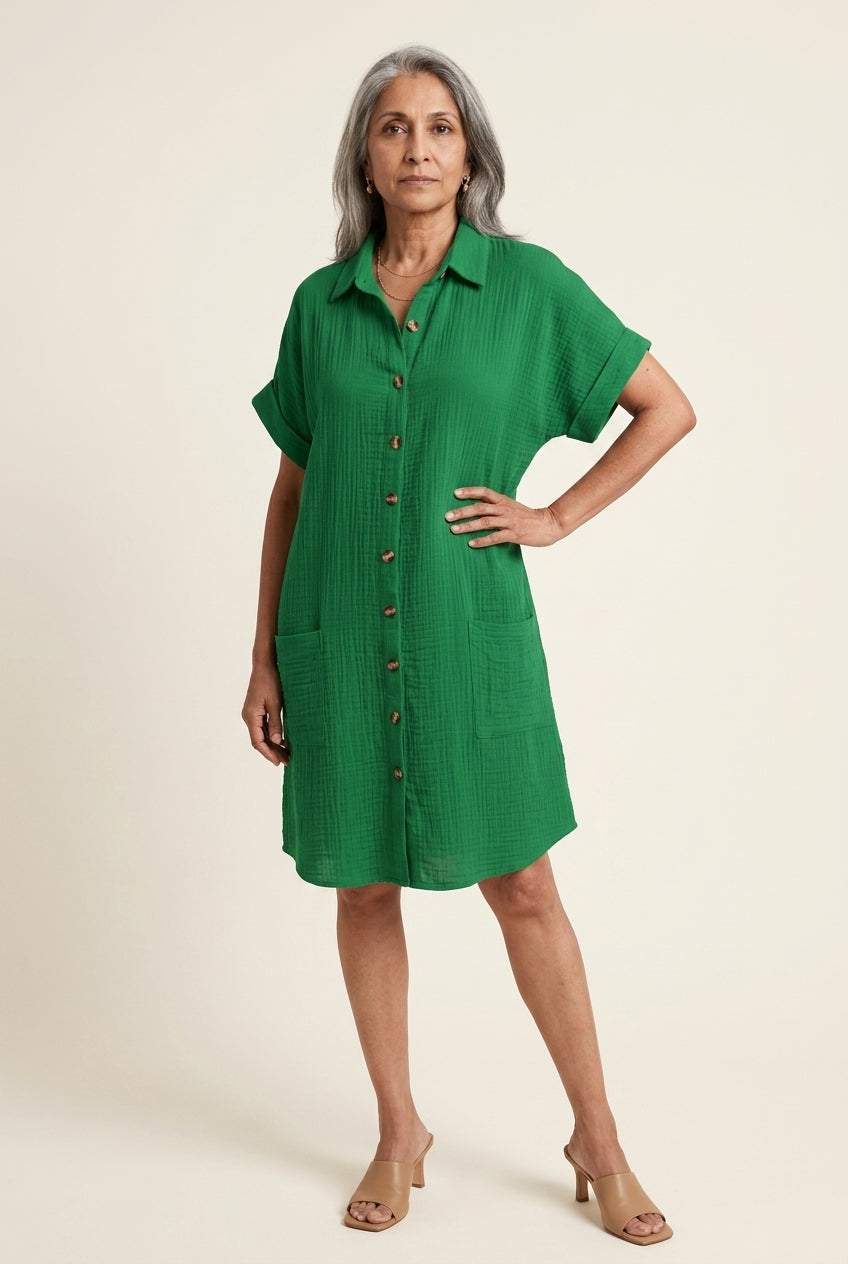 Elegant V-Neck Blouse Dress for Women, Soft Lightweight Button-Front, for Work, Brunch, Evening & Everyday Wear