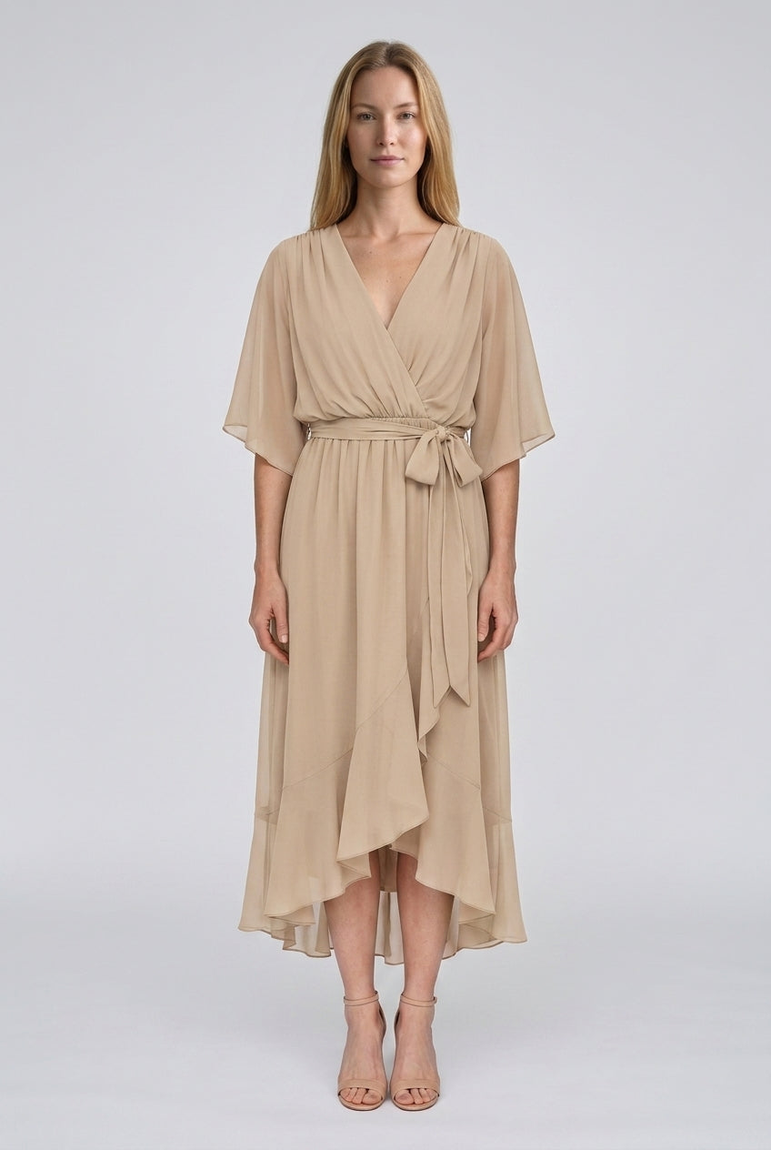Elegant V-Neck Flowy Sleeve Dress for Women, Layered Textured Fringe Design, for Special Occasions, Dinners & Evening We