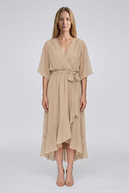 Elegant V-Neck Flowy Sleeve Dress for Women, Layered Textured Fringe Design, for Special Occasions, Dinners & Evening We
