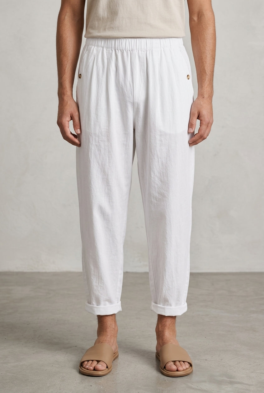 Comfortable Cotton Elastic Waist Trousers for Women, Plain Straight-Leg with Side Pockets, for Casual, Travel, Lounging 