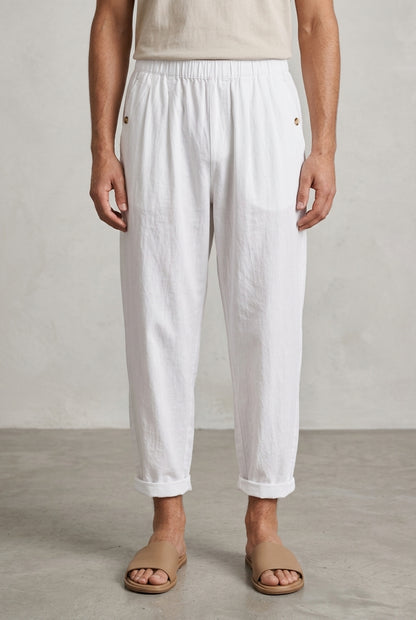 Comfortable Cotton Elastic Waist Trousers for Women, Plain Straight-Leg with Side Pockets, for Casual, Travel, Lounging 