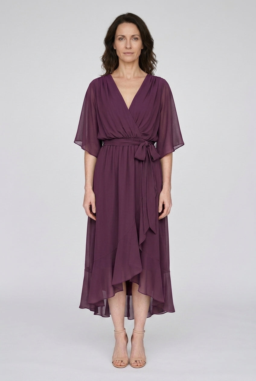 Elegant V-Neck Flowy Sleeve Dress for Women, Layered Textured Fringe Design, for Special Occasions, Dinners & Evening We