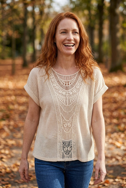 Elegant Ibiza-Style Boho Top for Women, Lightweight Relaxed Fit Round Neck, for Beach, Vacation & Everyday Wear