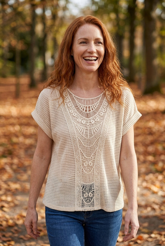 Elegant Ibiza-Style Boho Top for Women, Lightweight Relaxed Fit Round Neck, for Beach, Vacation & Everyday Wear