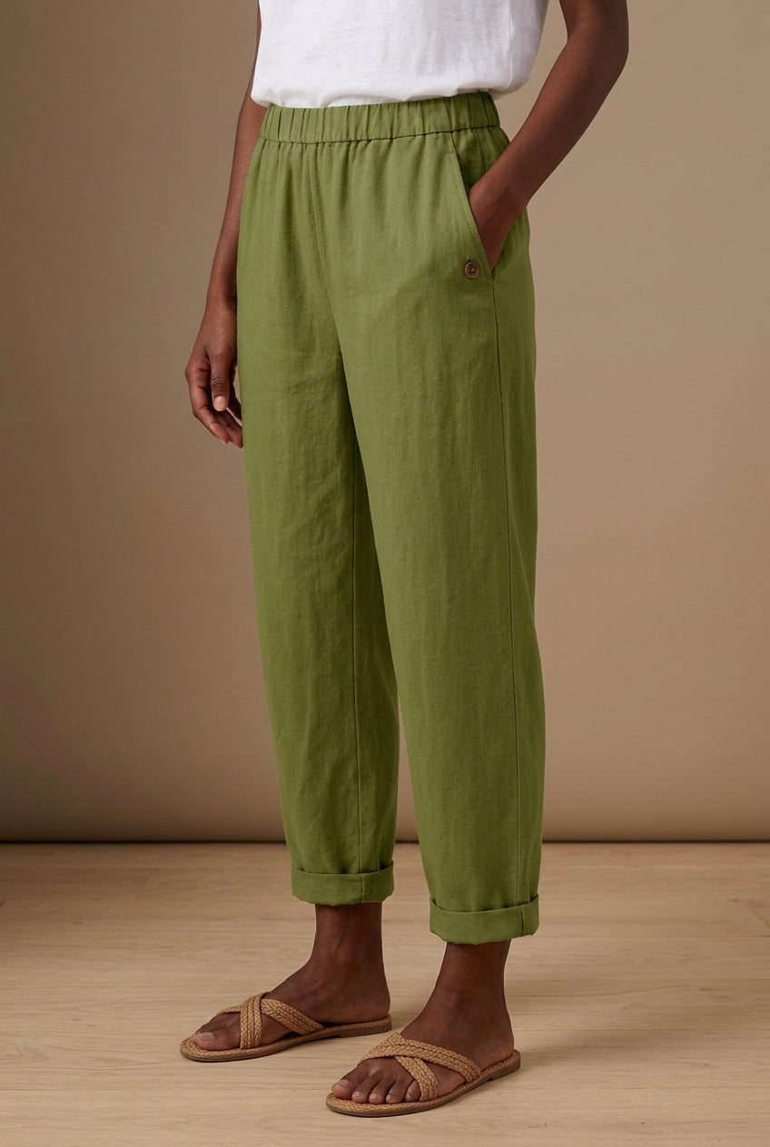 Relaxed Straight-Leg Trousers for Women, Cotton Blend Elastic Waistband, for Everyday Wear, Travel, Casual & Lounging