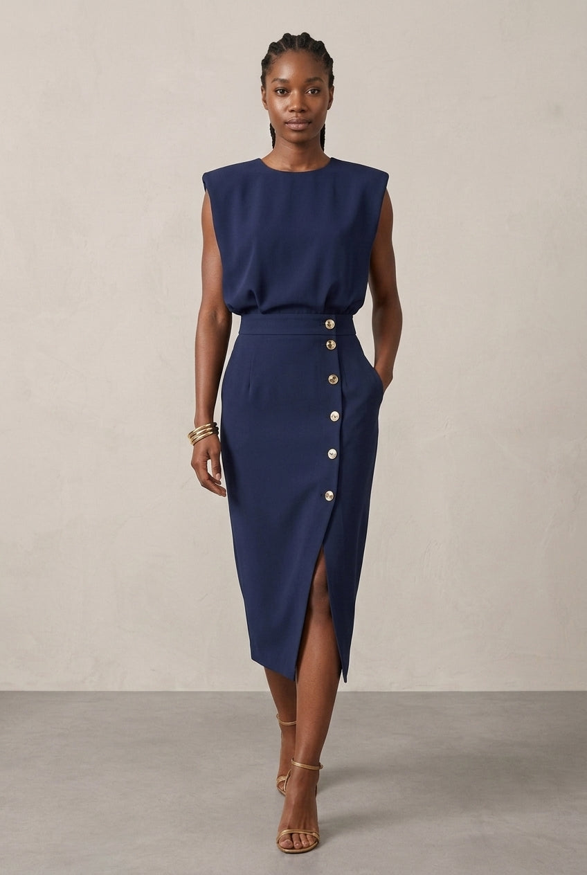 Elegant Midi Dress for Women, Sculpted Waist Side Slit Structured Shoulders, for Office, Events & Everyday Wear