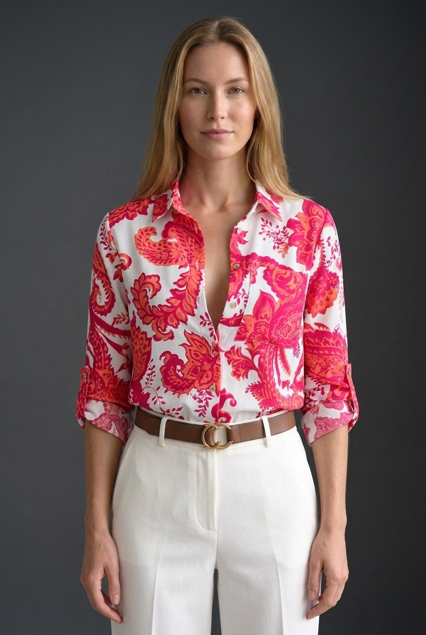 Classic Collared Printed Blouse for Women, Soft Breathable Long-Sleeve, for Work, Office, Casual & Everyday Wear