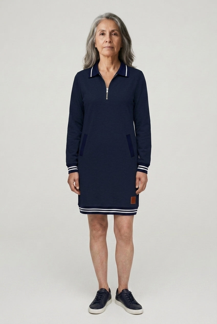 Elegant Long Sleeve Collar Dress for Women, Cotton Blend Straight Cut with Front Zipper & Pockets, for Work, Office, Cas