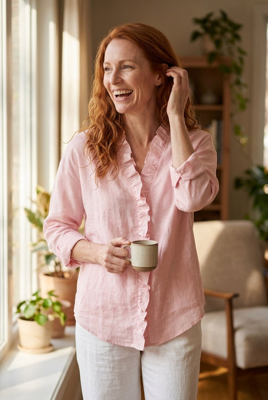 Lightweight V-Neck Blouse for Women, Ruffled Long-Sleeve Relaxed Fit, for Office, Casual & Everyday Wear