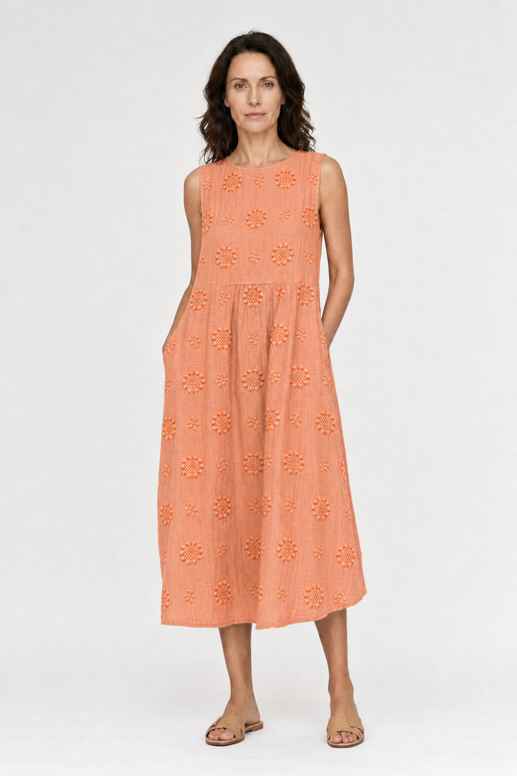 Lena | Women's Cotton Embroidered Sleeveless Midi Dress