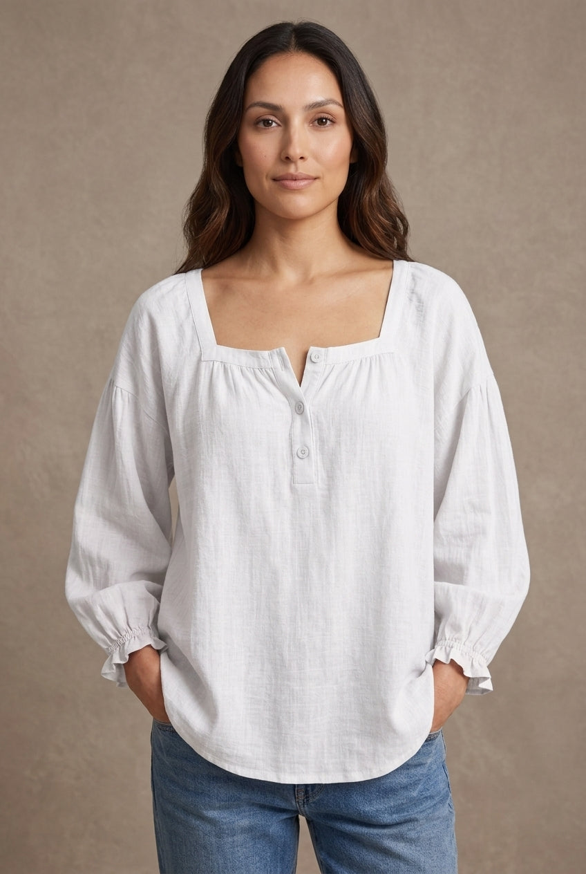 Relaxed Puff Sleeve Blouse for Women, Square Neckline Button-Front Long Sleeve, for Work, Casual, Everyday & Brunch