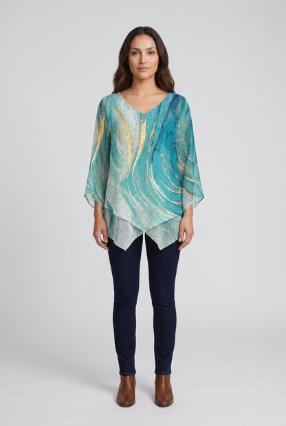 Turquoise Print Women's V-Neck Long Sleeve Asymmetric Hem Top