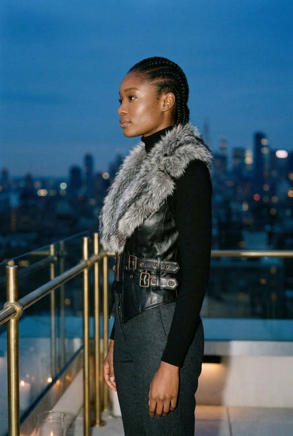 Ovara | Cropped Faux Fur Collar Leather Jacket